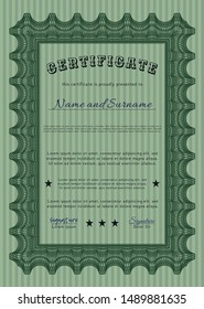 Green Sample Diploma. With complex linear background. Money design. Vector illustration. 