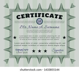 Green Sample Diploma. Detailed. With complex linear background. Money style design. 