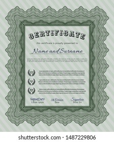 Green Sample Diploma. Detailed. With great quality guilloche pattern. Lovely design. 