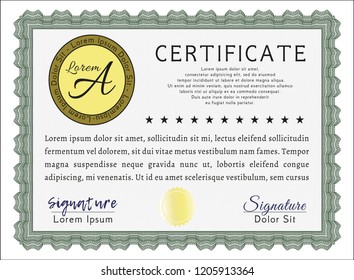 Green Sample Diploma. Excellent design. Detailed. With great quality guilloche pattern. 