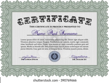 Diploma de muestra verde. Vector de plantilla de certificado de marco. Diseño elegante. Con fondo lineal. 