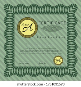 Green Sample Diploma.  Good design.  With guilloche pattern.  Detailed. 