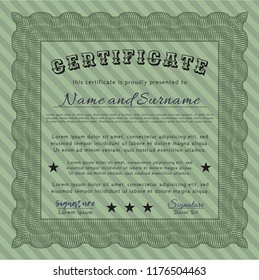 Green Sample Diploma. With guilloche pattern and background. Vector illustration. Excellent design. 