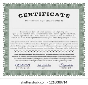 Green Sample Diploma. With guilloche pattern and background. Cordial design. Customizable, Easy to edit and change colors. 