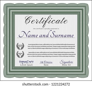 Green Sample Diploma. With guilloche pattern and background. Vector illustration. Beauty design. 