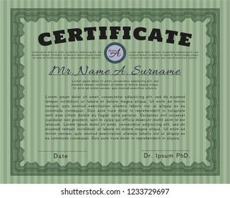 Green Sample Diploma. With guilloche pattern and background. Vector illustration. Cordial design. 