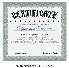 Green Sample Diploma. With guilloche pattern. Vector illustration. Cordial design. 
