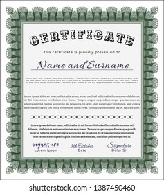 Green Sample Diploma. Nice design. Vector illustration. With linear background. 