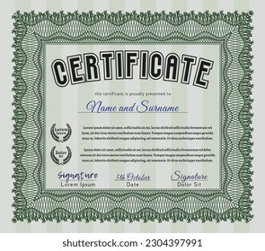 Green Sample Diploma.  Nice design.  With guilloche pattern.  Customizable, Easy to edit and change colors. 