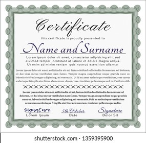 Green Sample Diploma. Printer friendly. Vector illustration. Money Pattern. 