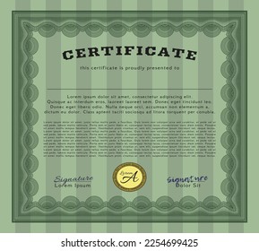 Diploma de muestra verde.  Diseño retro.  Con un fondo lineal complejo.  Personalizable, fácil de editar y cambiar los colores. 
