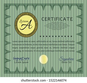 Green Sample Diploma. Sophisticated design. Detailed. With guilloche pattern and background. 