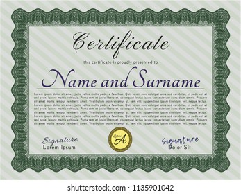 Green Sample Diploma. Vector illustration. With complex linear background. Cordial design. 