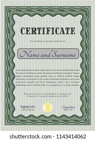 Green Sample Diploma. Vector illustration. With great quality guilloche pattern. Cordial design. 