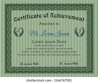 Green Sample Diploma. Vector illustration. With guilloche pattern and background. Perfect design. 