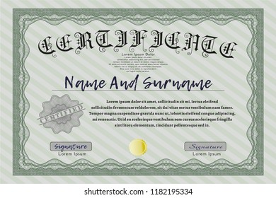 Green Sample Diploma. Vector illustration. With complex background. Good design. 