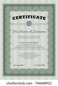 Green Sample Diploma. Vector illustration. With complex linear background. Artistry design. 