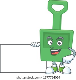 Green sand bucket cartoon drawing Thumbs up holding a white board. Vector illustration