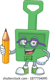 Green sand bucket student Mascot design concept studying at home. Vector illustration
