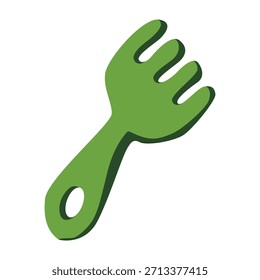 Green sand rake toy for beach play. Tool for summer vacation, kids activity, outdoor games, sandbox. Vector illustration isolated on white background
