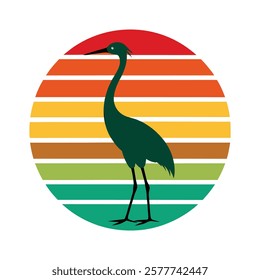 a green sandhill crane silhouette on retro stipe vector.