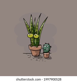 Sansevieria y cactus verdes, ilustración vectorial, dibujos animados