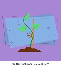 Green sapling. Sprout tied to prop. Agriculture attributes concept. Vector illustration can be used for topics like gardening, horticulture, cultivation