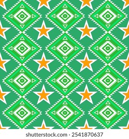 Green sarong embroidered with stars, designed with geometric patterns, is a perfect and eye-catching combination in textiles and clothing or decoration. Vector illustration.