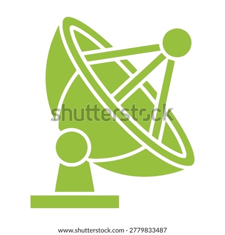 Green satellite dish antenna on white background, symbolizing communication technology and innovation.