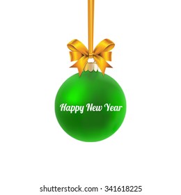 Green satin bauble with Happy New Year text hanging on a gold ribbon with gold bow isolated on white.