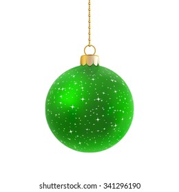 Green satin bauble with stars hanging on a chain isolated on white.