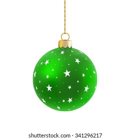 Green satin bauble with stars hanging on a chain isolated on white.