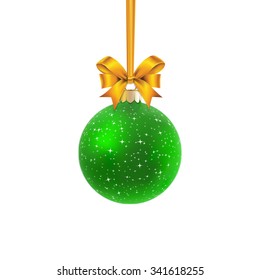Green satin bauble with stars hanging on a gold ribbon with gold bow isolated on white.