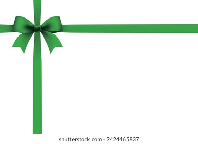 Green satin ribbon and bow isolated on white background. Holiday decoration. Vector illustration.