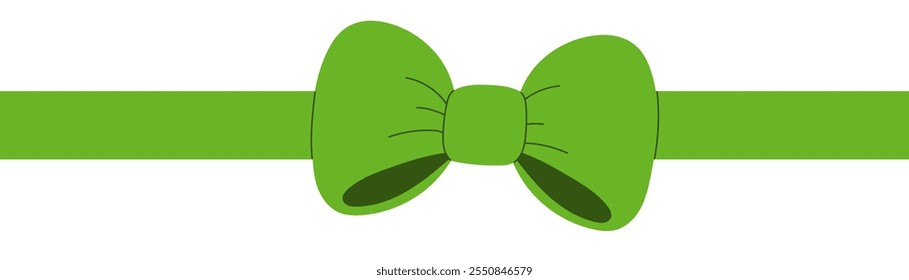 Green satin ribbon with tied bow for holiday decoration. Christmas gift wrap design isolated on white background.