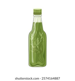 Green sauce in bottle in flat design. Flavouring condiment with herbs. Vector illustration isolated.