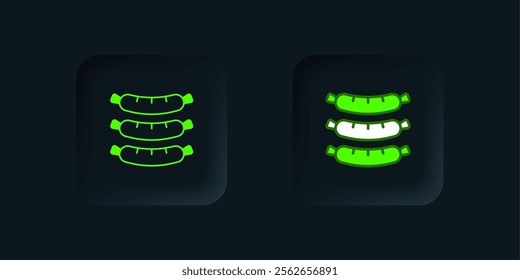 Green Sausage icon isolated on black background. Grilled sausage and aroma sign. Black square button. Vector