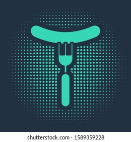 Green Sausage on the fork icon isolated on blue background. Grilled sausage and aroma sign. Abstract circle random dots. Vector Illustration