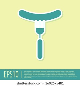 Green Sausage on the fork icon isolated on yellow background. Grilled sausage and aroma sign.  Vector Illustration