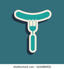 Green Sausage on the fork icon isolated on blue background. Grilled sausage and aroma sign. Long shadow style. Vector Illustration