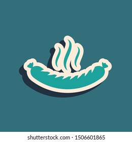 Green Sausage with steam icon isolated on blue background. Grilled sausage and aroma sign. Long shadow style. Vector Illustration