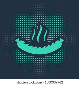 Green Sausage with steam icon isolated on blue background. Grilled sausage and aroma sign. Abstract circle random dots. Vector Illustration