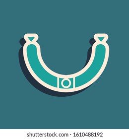 Green Sausage with steam icon isolated on blue background. Grilled sausage and aroma sign. Long shadow style. Vector Illustration