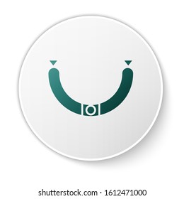 Green Sausage with steam icon isolated on white background. Grilled sausage and aroma sign. White circle button. Vector Illustration