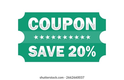 Green Save 20% Cupom Ticket Clipart - Voucher de desconto promocional. Cupom de desconto 20% de desconto 