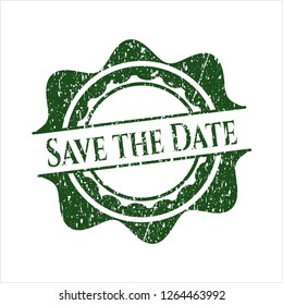 Green Save the Date distressed rubber stamp with grunge texture