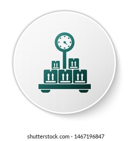 Green Scale with cardboard box icon isolated on white background. Logistic and delivery. Weight of delivery package on a scale. White circle button. Vector Illustration