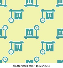 Green Scale with cardboard box icon isolated seamless pattern on yellow background. Logistic and delivery. Weight of delivery package on a scale.  Vector Illustration