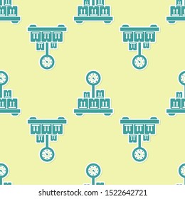 Green Scale with cardboard box icon isolated seamless pattern on yellow background. Logistic and delivery. Weight of delivery package on a scale.  Vector Illustration