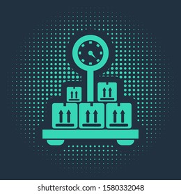 Green Scale with cardboard box icon isolated on blue background. Logistic and delivery. Weight of delivery package on a scale. Abstract circle random dots. Vector Illustration